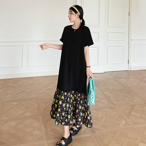 무드무드 [무드무드] 에디츠 밑단 플라워 반팔 롱 원피스