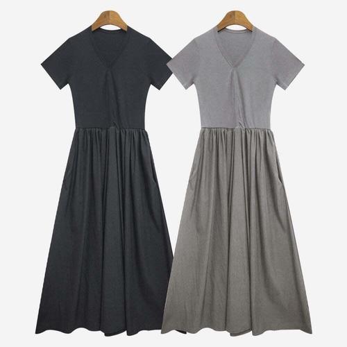 [셀럽하우스]여름 MOSQ5538 나일론 V넥 반팔 일체형 롱 원피스