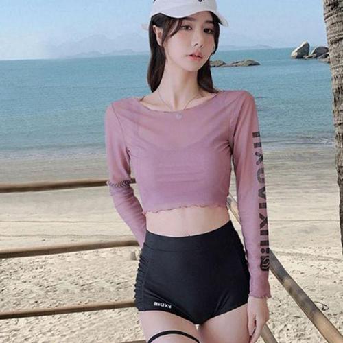 크롭 수영복 3피스 수영복 프릴 커버 비키니 여름 래시가드 스포티 내장 비치 휴가 웨어 상의 패드 해변