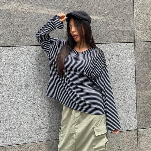 여자 긴팔티 양브이넥 단가라 세미박시 티셔츠