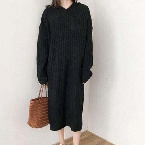 기타제조사 [셀럽하우스]여성 MOXO2211 골지 데일리 니트 봄 보온 원피스 겨울 롱 블랙