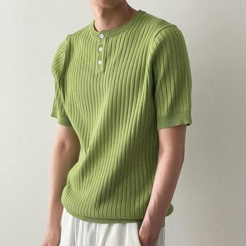 명화수산 남자 여름 댄디룩 심플 헨리넥 골지 반팔 니트