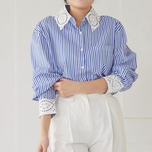 [드마리쥬]여성스러운 레이스카라 스트라이프셔츠(DE4B1BL01)