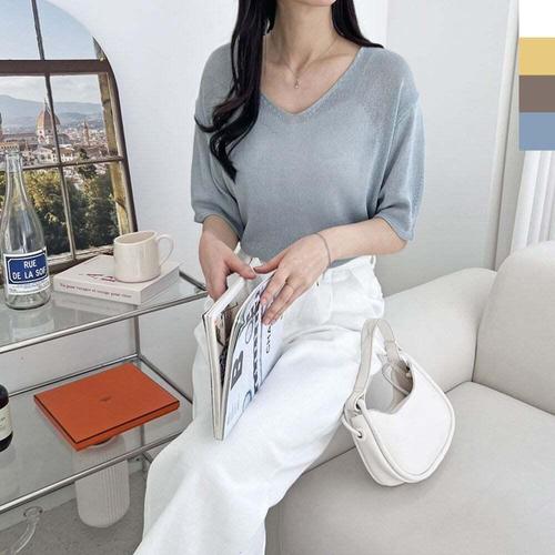 [셀럽하우스]여성 BCKQ1969 린넨 브이넥 루즈핏 반팔니트 티셔츠