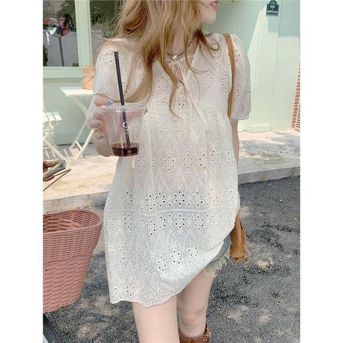 [모노위크]미닝 펀칭 브이넥 리본끈 하프소매 A라인 미니원피스