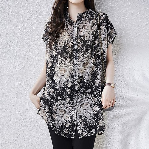 중국OEM [퀸이즈] [~110까지]덴바 오버핏 캡소매 플라워 나염 블라우스