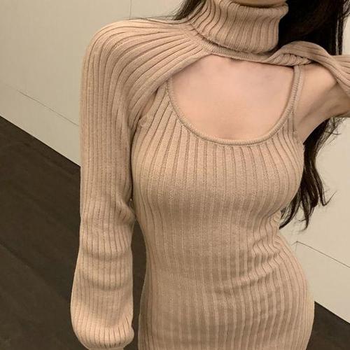 [디어로우]베일드 폴라 레이어드 골지 니트 원피스