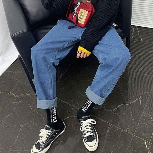 중청 밴딩 데님 팬츠 일상용 청바지 WFLM9Q0