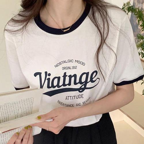 하프클럽 [디어로우]조지아나 라운드 레터링 배색 반팔 티셔츠