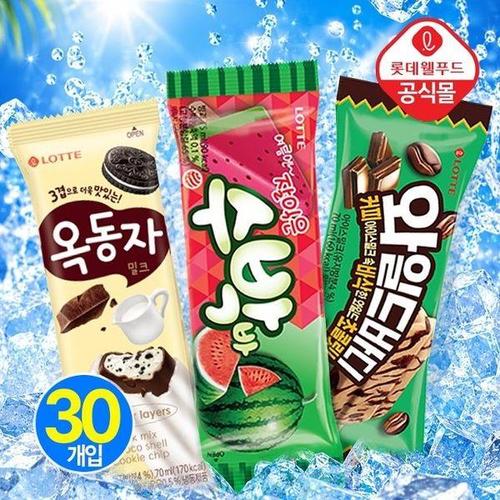 [롯데웰푸드]검증된 판매왕 아이스크림 3종 30개 (옥동자+수박바+와일드바디)