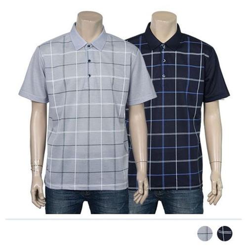 명화수산 남성 여름 단추티 체크 카라넥 반팔 티셔츠