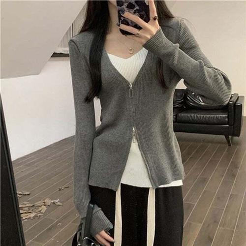 [셀럽하우스]여성 FUDI6963 베이직 데일리 지퍼포인트 슬림핏 클래식 니트티