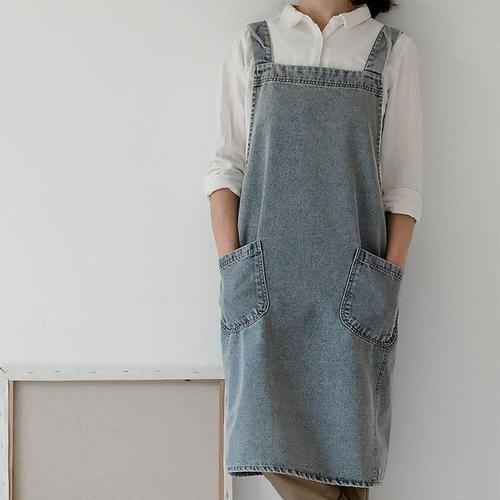 [셀럽하우스]워싱 QKKW9339 데님 롱 앞치마 방수 실용 주방 알바 아르바이트