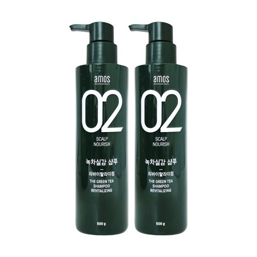 [amos] 아모스 녹차실감 샴푸 500g 2개 리바이탈 라이징 두피 모발 케어