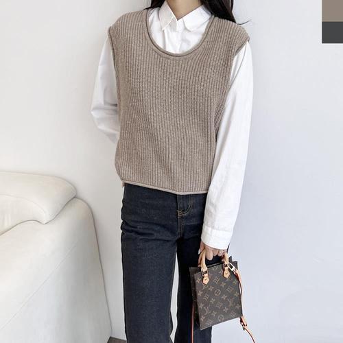 |KMJ42EE|너므렐 여성 루즈핏 밑단 스웨터 조끼 유넥 심플