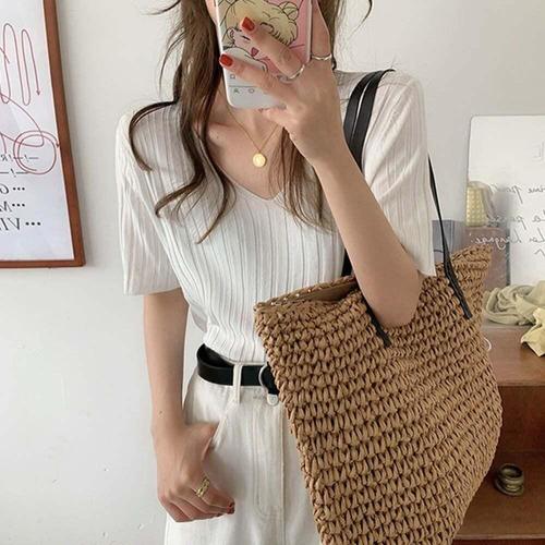 [셀럽하우스]여자 DLSS1623 브이넥 반팔 시원한 니트 여름 티셔츠 4색