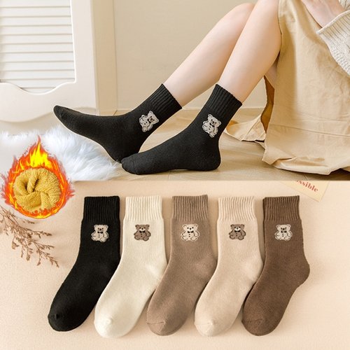 [5개세트] 뿌미 브라운 곰돌이 베이직 중목 양말