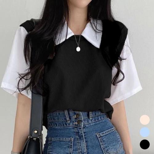 [오너클랜]인기상품 여성 페이크 니트 셔츠 반팔 티셔츠 URK-310 [WE80FCA_250917]