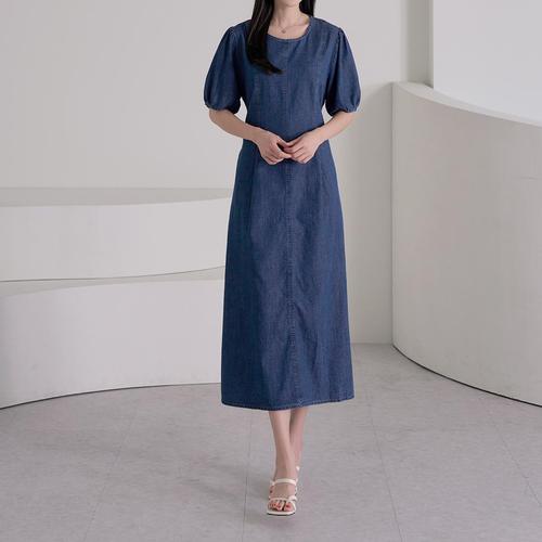 [로즈미] [55~77] 레핀 퍼프 스트랩 데님 원피스