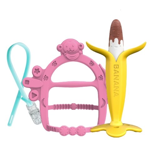 앙쥬 주식회사 앙쥬 치발기 선물세트12 (초코바나나+팔찌 핑크+집게홀더) 신생아 아기 치아발육기 장난감