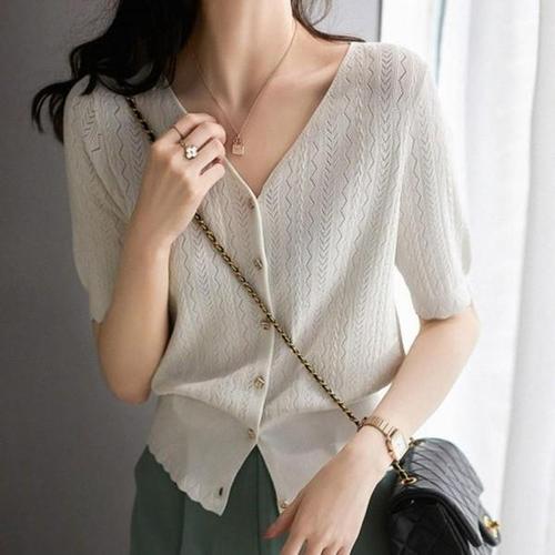 [옷자락]여자 썸머 오피스룩 쿨링 브이넥 반팔 단추오픈 니트