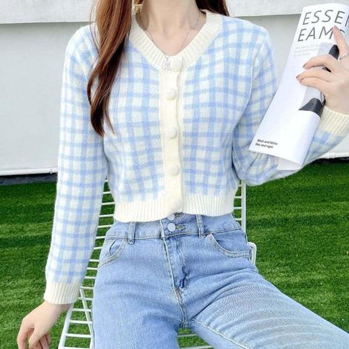[셀럽하우스]여성 KRGY4959 간절기 데일리 체크 크롭 가디건 짧은 카디건