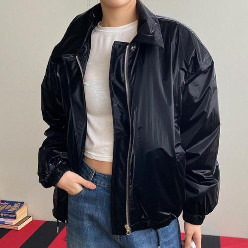 [옷자락] 여성 유니크 코팅 오버핏 박시 긴팔 캐주얼 점퍼