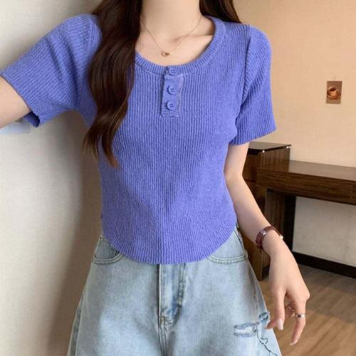 기타제조사 [셀럽하우스]여성 USTX2791 라운드넥 버튼 여름 반팔 니트 D91