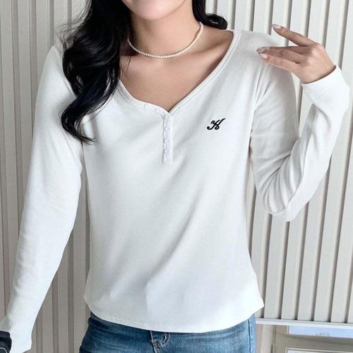 기타제조사 [셀럽하우스]여성 GOCH9044 골지 Y넥 긴팔 이너 버튼 피치스킨 티셔츠