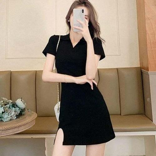 기타제조사 [셀럽하우스]여성 AUSU4933 브이넥 데일리 반팔 카라 클래식 블랙 미니 원피