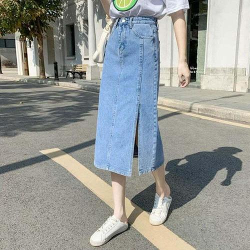 [셀럽하우스]여자 NGEN6323 밑단 절개 롱 데님 스커트 캐주얼 일자핏 치마