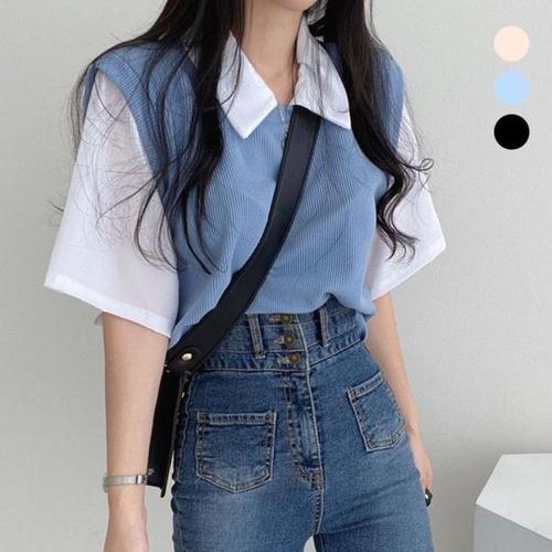 [오너클랜]인기상품 여성 페이크 니트 셔츠 반팔 티셔츠 URK-310 [WE82BEE_250916]