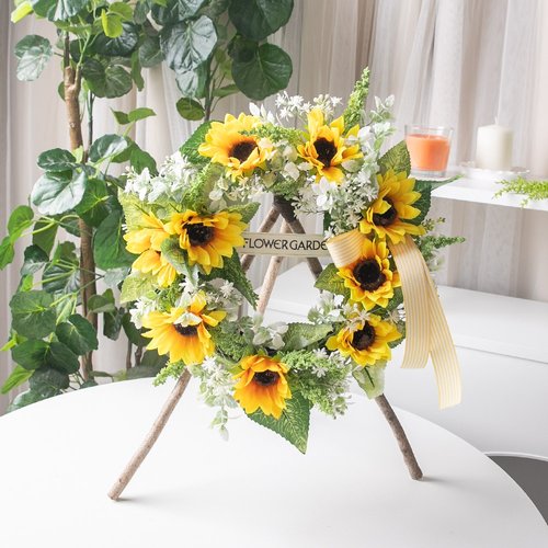 해바라기 조화 리스 미니 축하 화환 43cm 인테리어 꽃 벽걸이 장식 소품 현관 금전화 풍수 개업