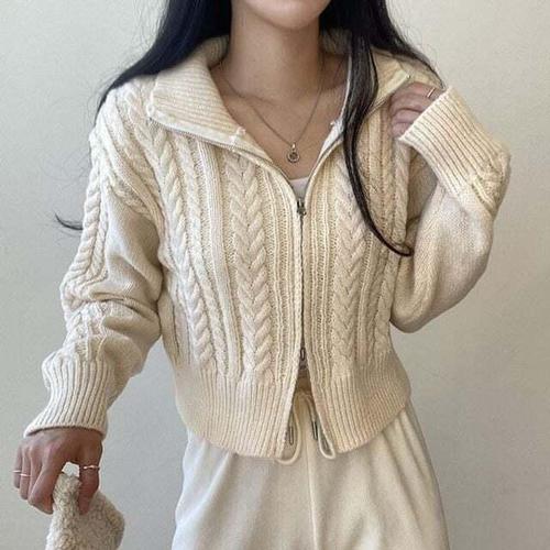 기타제조사 [셀럽하우스]크롭 PRAU9377 베이직 지퍼 니트 긴팔 올데이 여리핏 여자 가디